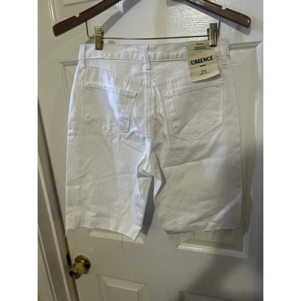 L'AGENCE White Denim Bermuda Shorts Raw Hem High Rise Size 25 0635
